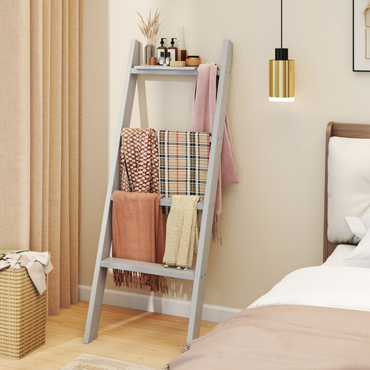 4-Tier Wooden Blanket Ladder 137 cm Wall Leaning Quilt Holder for Storage and Display-Grey