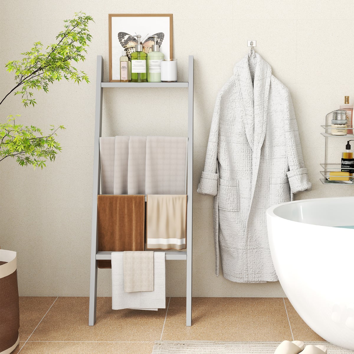 4-Tier Wooden Blanket Ladder 137 cm Wall Leaning Quilt Holder for Storage and Display-Grey