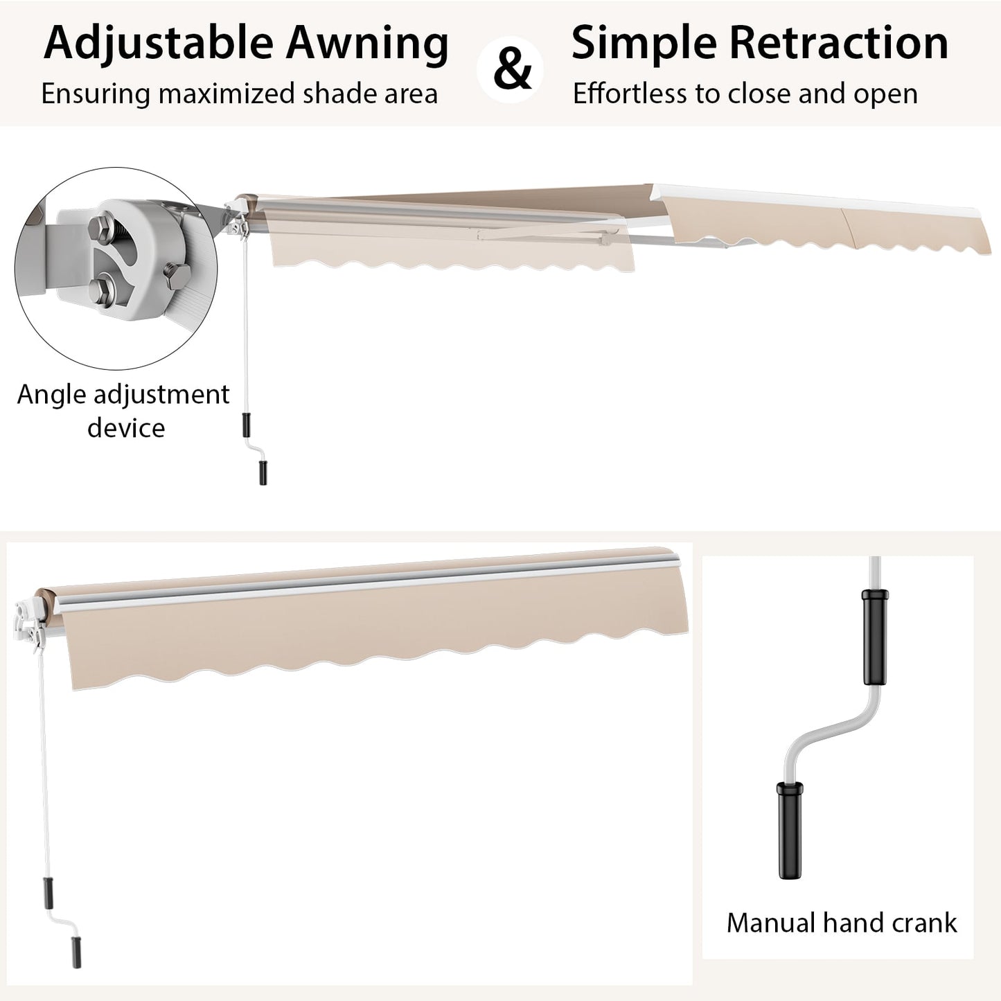 4 x 2.5 m Patio Retractable Awning with Manual Crank Handle-Beige