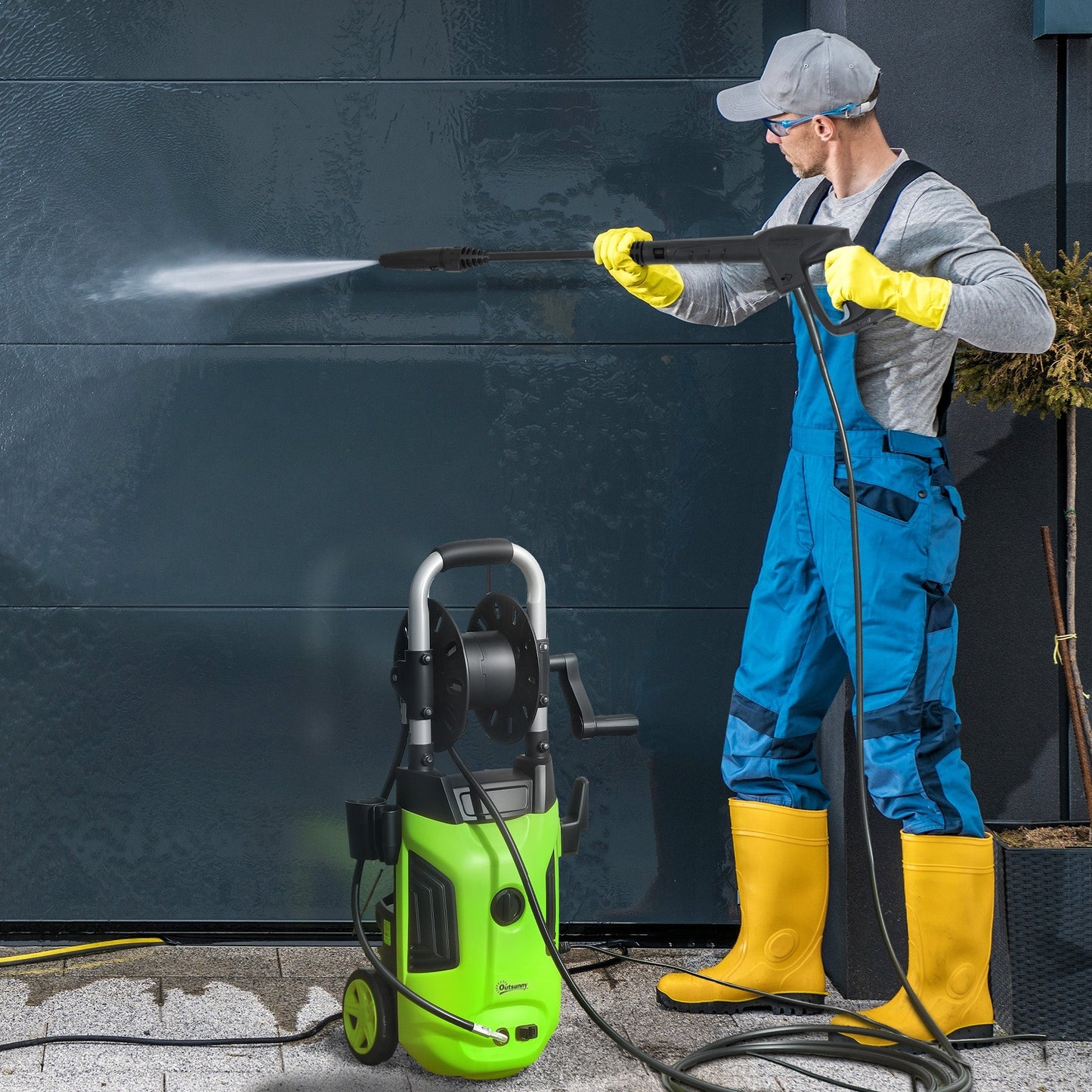 Outsunny 1800W High Pressure Washer, 150 Bar Pressure, 420 L/h Flow, Portable Power Washer Jet Wash Cleaner with Adjustable Nozzle, 6M Hose, Hose Reel, Steel Handle for Home Patio Car Driveway, Green
