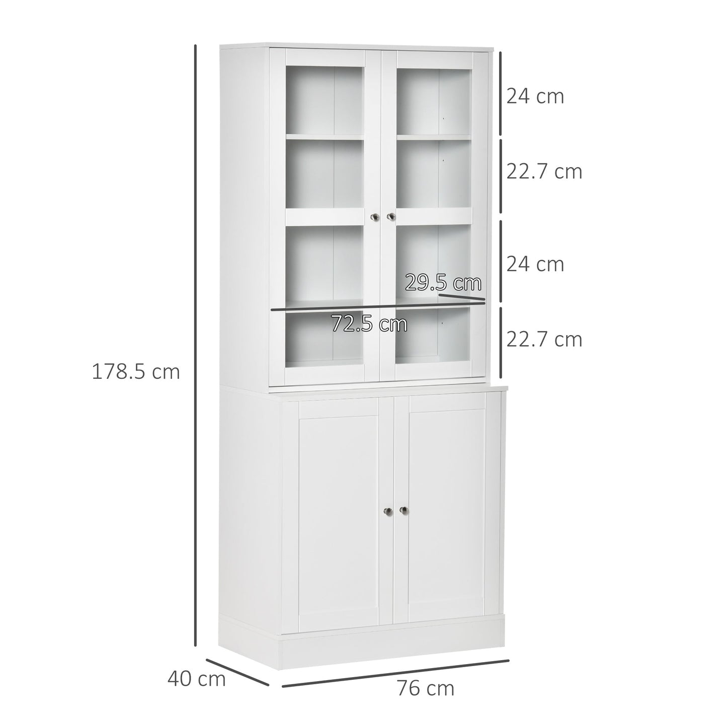 HOMCOM Modern Bookcase with Glass Doors, Display Storage Cabinet with Adjustable Shelves for Living Room, Study, Home Office, Kitchen Cupboard with Small Open Counter, White