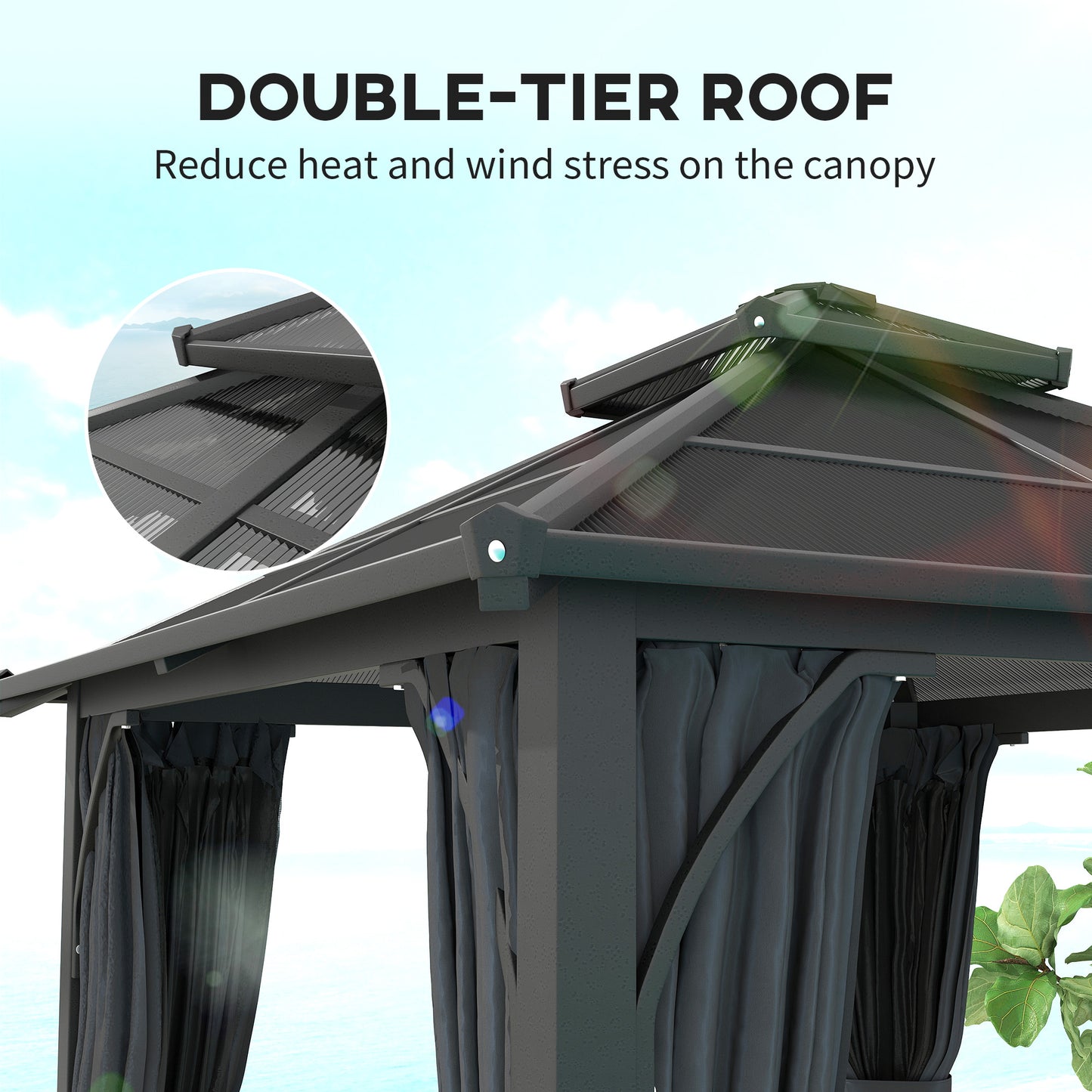 Outsunny 2.5 x 2.5 m Hardtop Gazebo Canopy with 7mm PC Roof, Garden Gazebo Permanent Pavilion with Netting, Curtains, Dark Grey