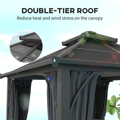 Outsunny 2.5 x 2.5 m Hardtop Gazebo Canopy with 7mm PC Roof, Garden Gazebo Permanent Pavilion with Netting, Curtains, Dark Grey