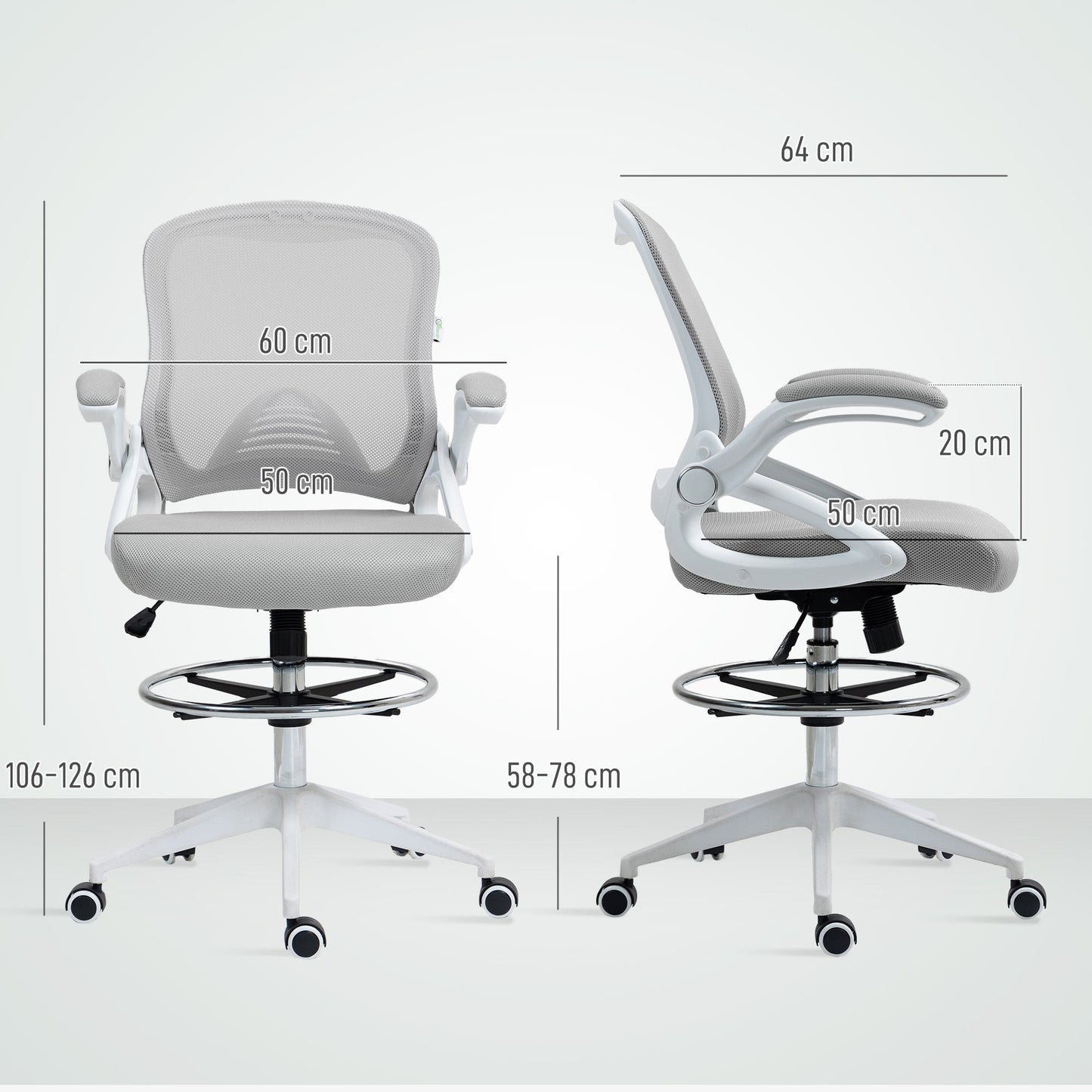 Vinsetto Drafting Chair with Flip-up Armrest, Mesh Office Stool with Foot Ring, 360 Degree Swivel Height Adjustable Chair for Standing Desk, Light Grey