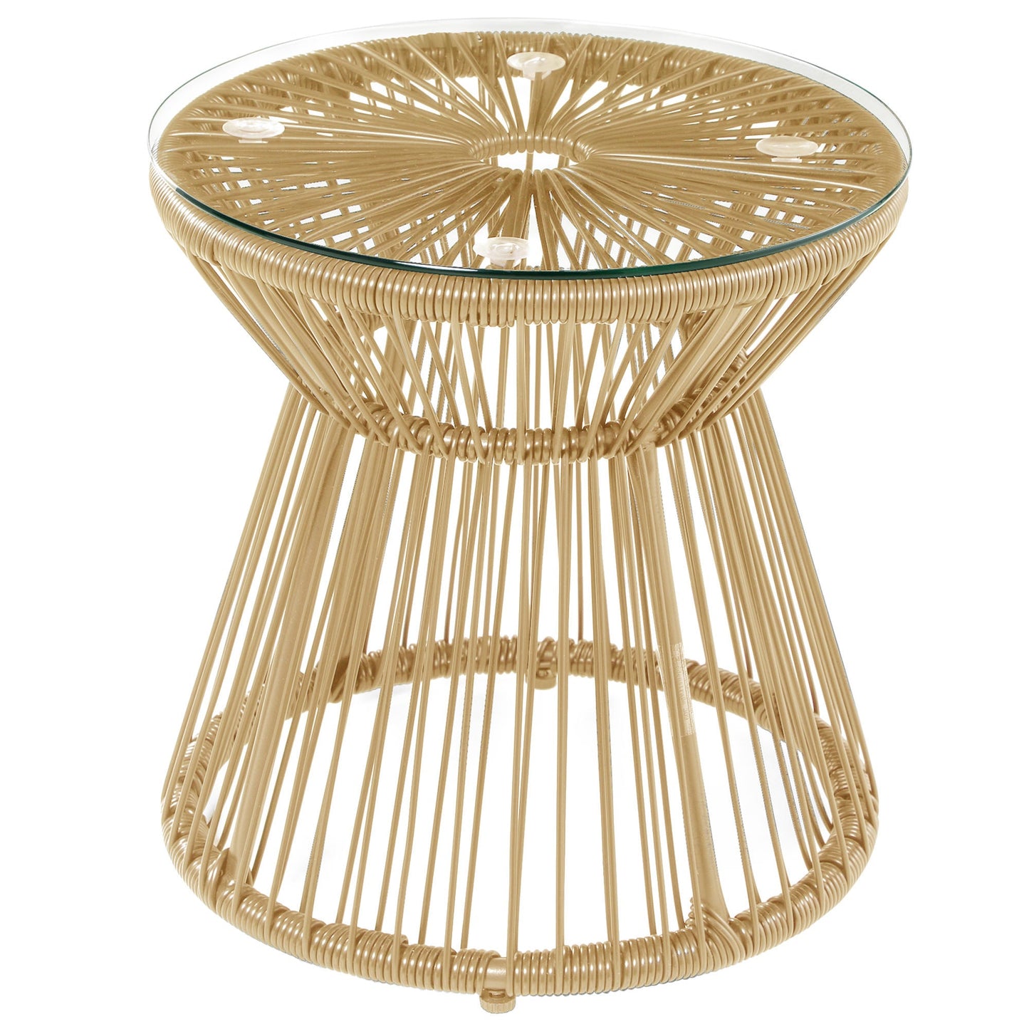 Outsunny Round End Table, Rattan Side Table, Hollow Drum Design Coffee Table w/ Glass Tabletop for Patio, Garden, Balcony Natural