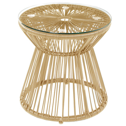 Outsunny Round End Table, Rattan Side Table, Hollow Drum Design Coffee Table w/ Glass Tabletop for Patio, Garden, Balcony Natural