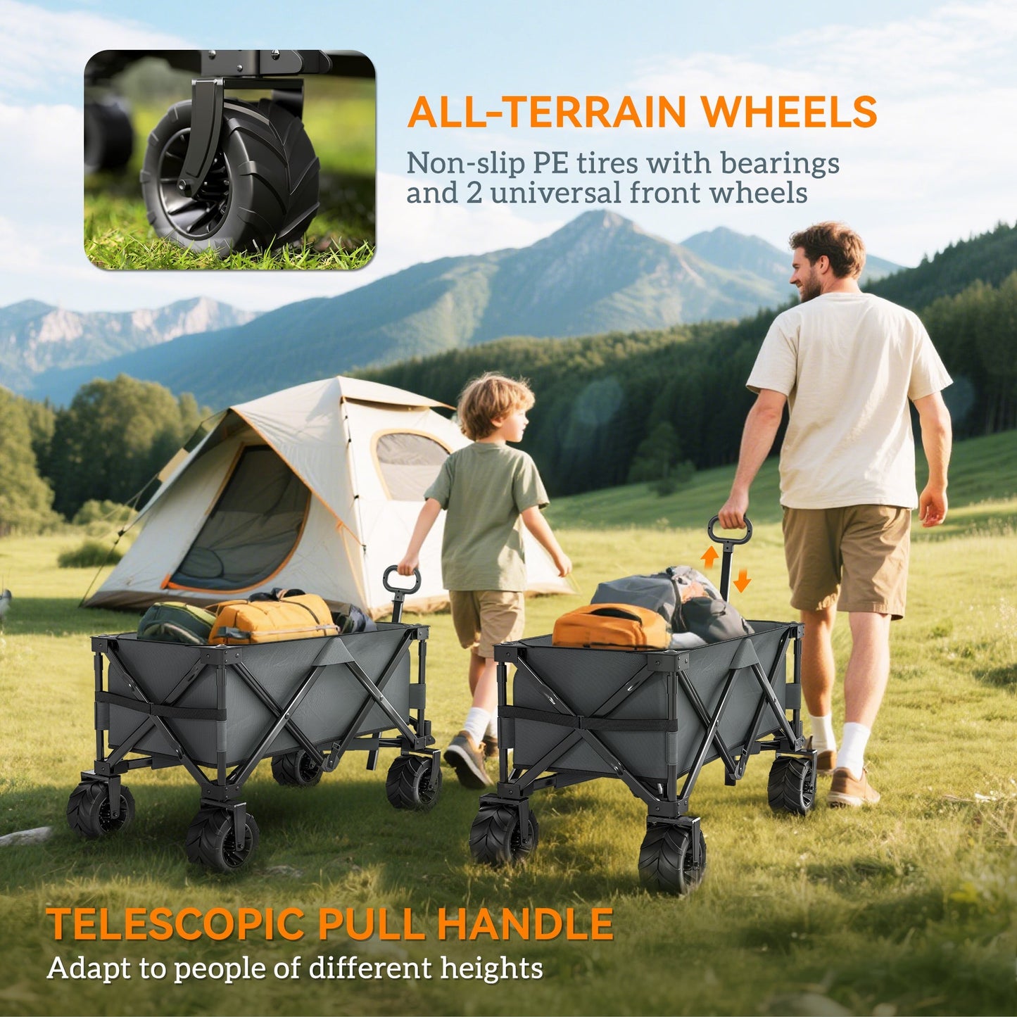 Outsunny Outdoor Pull Along Cart Folding Cargo Wagon Trailer Trolley for Beach Garden with Handle, Anti-Slip Wheel - Dark Grey
