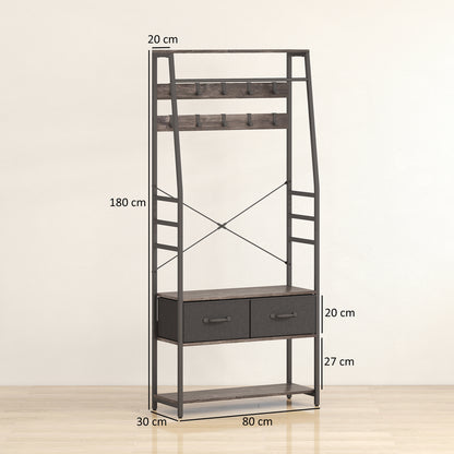 HOMCOM Coat Rack with Shoe Storage, Hall Tree, Industrial Coat Stand with Shoe Bench, 10 Removable Hooks, 2 Fabric Drawers and Clothes Rail for Entryway, Hallway, Grey