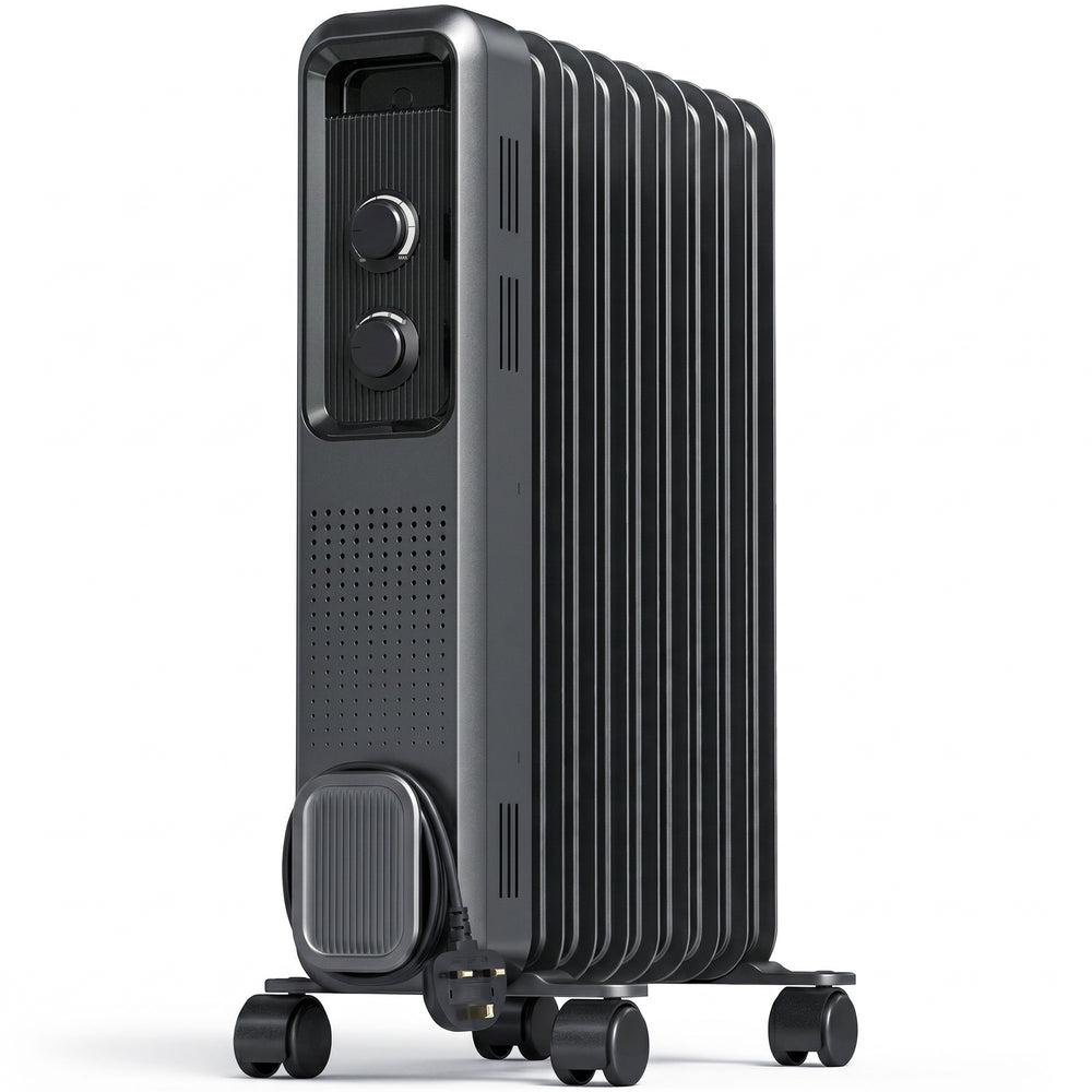 HOMCOM 2000W Oil Filled Radiator, 9 Fin, Portable Electric Heater with 3 Heat Settings, Safety Cut-Off and Wheels, Grey