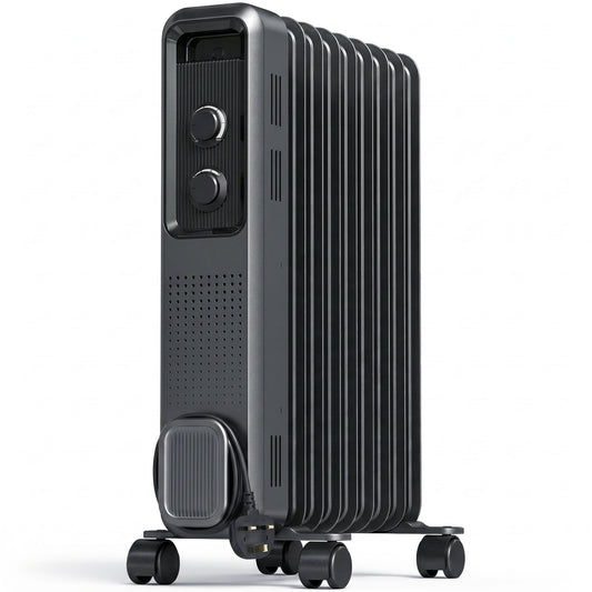 HOMCOM 2000W Oil Filled Radiator, 9 Fin, Portable Electric Heater with 3 Heat Settings, Safety Cut-Off and Wheels, Grey