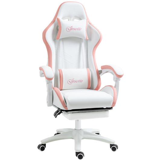 Vinsetto Computer Gaming Chair, PU Leather Office Desk Chair with Footrest, Swivel Wheels, 135 Reclining Back, Lumbar Support, Headrest for Home, White and Pink