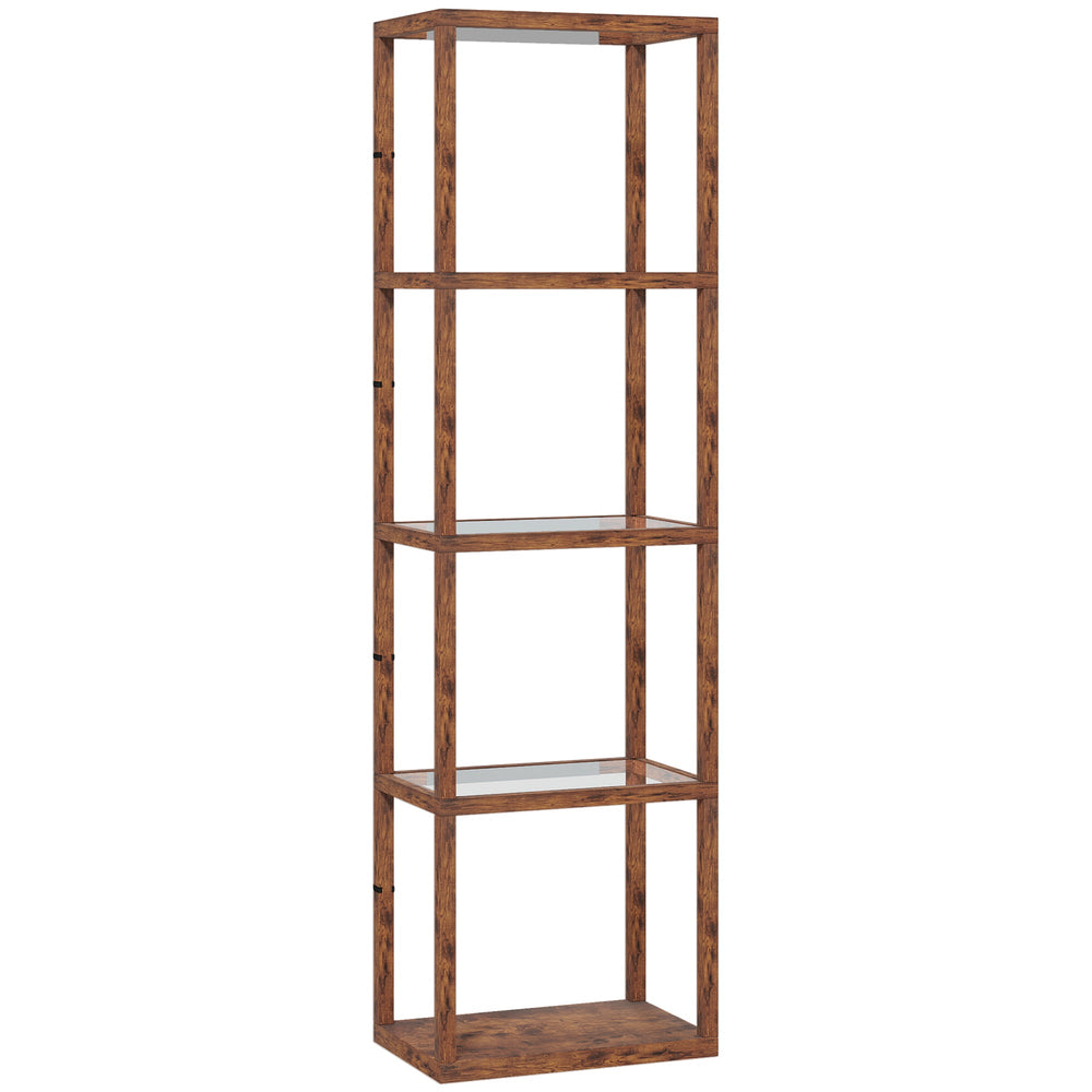 HOMCOM LED Floor Lamp with Glass Shelves, 4 Layers Dimmable Tall Standing Lamp, Modern Column Shelf Floor Light for Living Room, Bedroom, Office, Rustic Brown