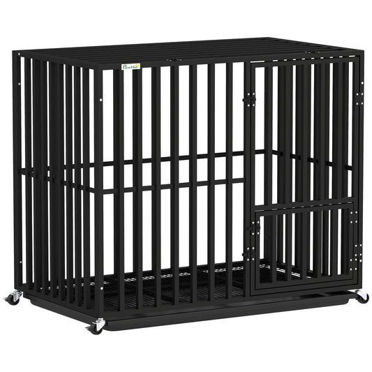 PawHut Heavy Duty Dog Crate, Dog Cage with Wheels for Medium Large Breeds, Metal Pet Kennel with Removable Tray