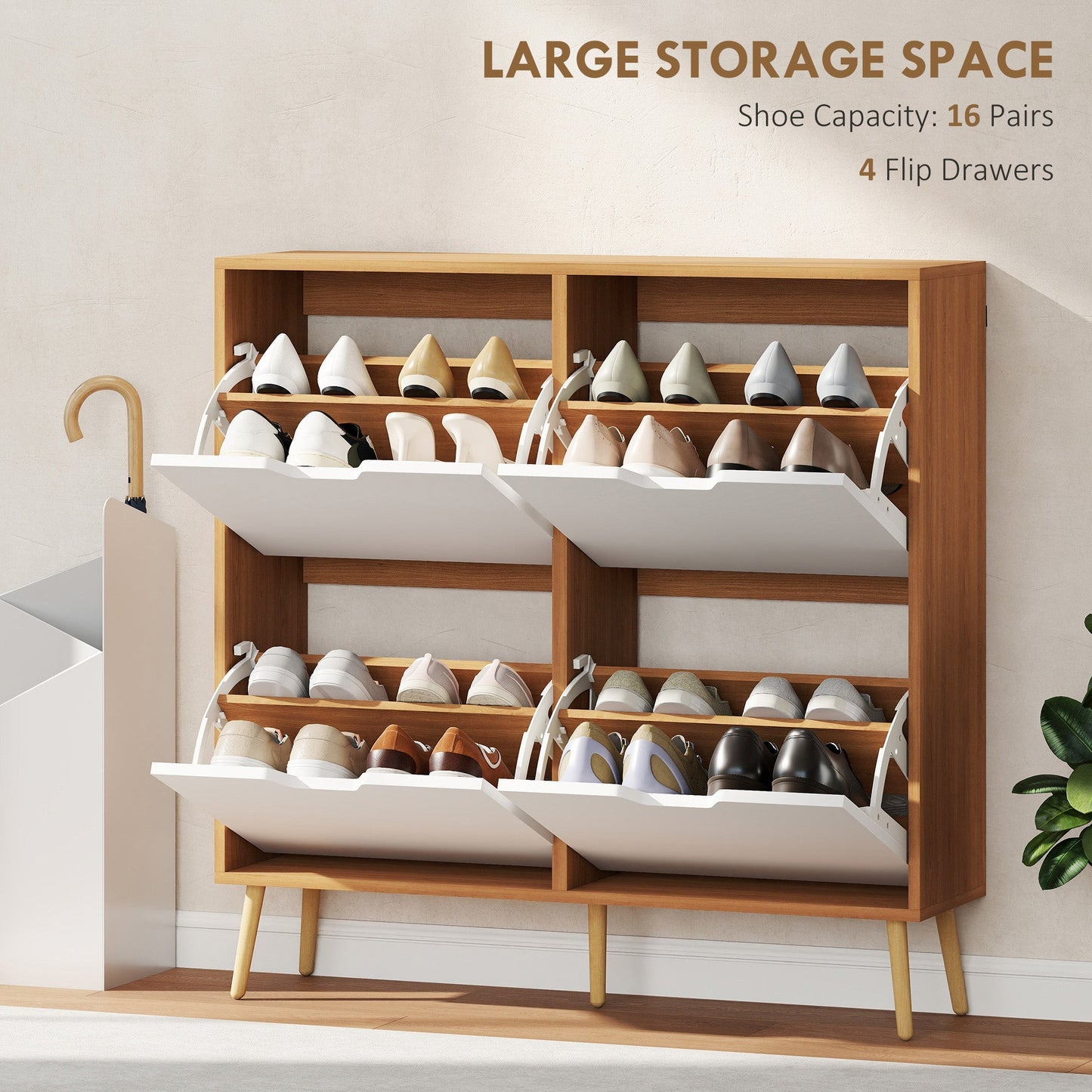HOMCOM Shoe Storage Cabinet, 4 Flip Drawers, Shoe Organizer for 8-16 Pairs of Shoes, Natural