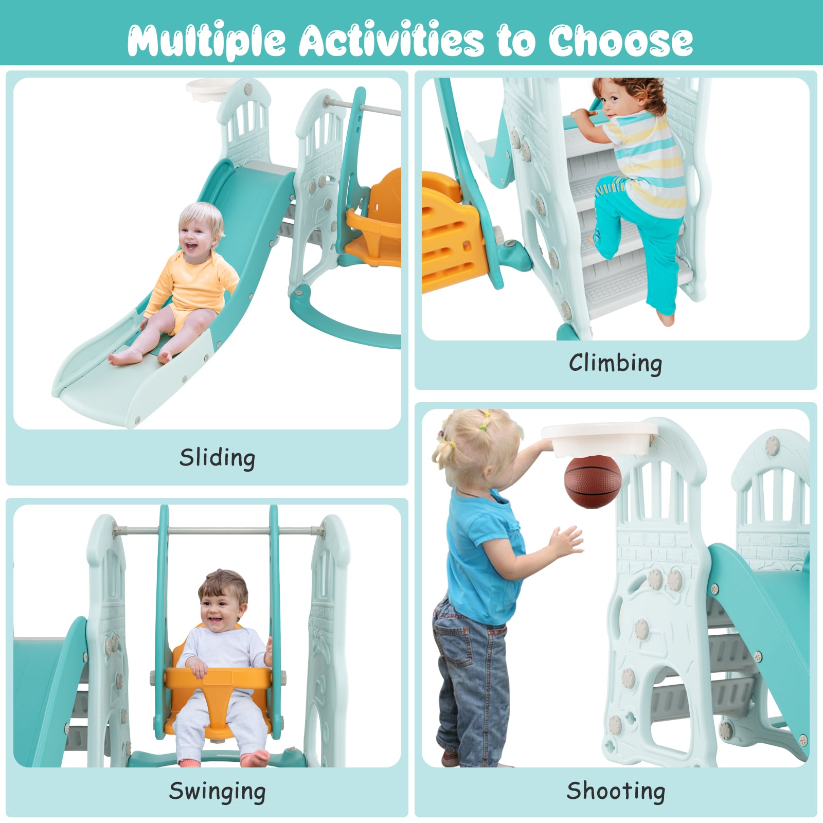 4-in-1 Toddler Slide and Swing Set with Foldable Extra-long Slide-Green