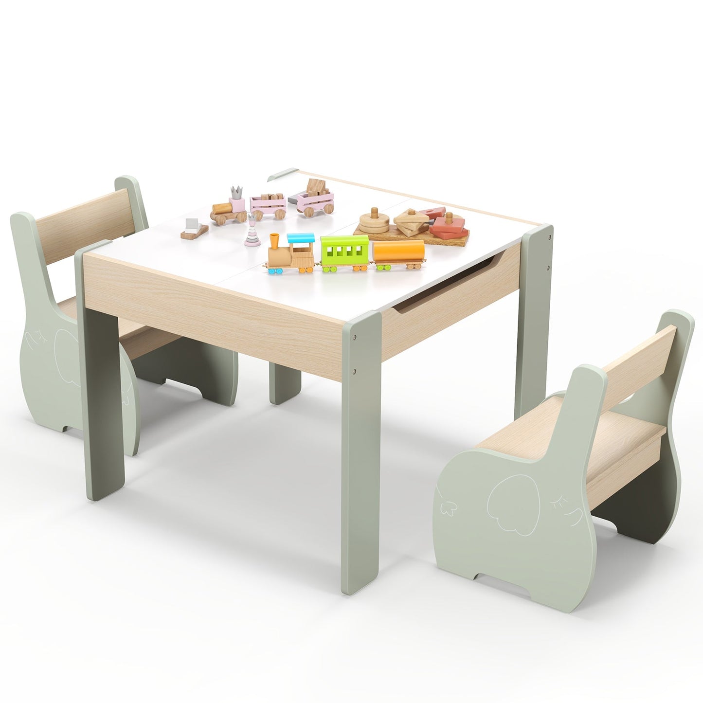 Wooden Kids Table and Chair Set with Hidden Storage-Green