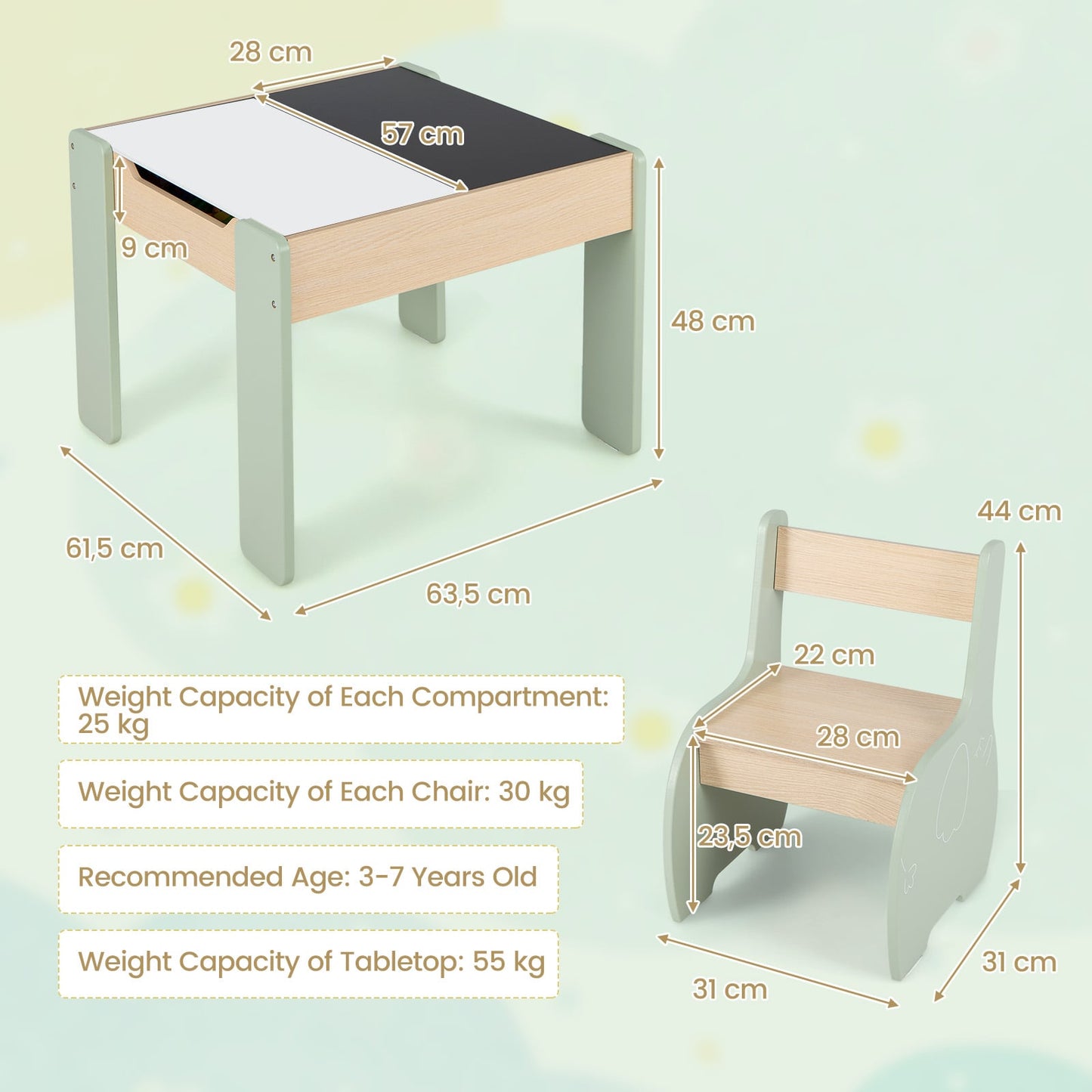 Wooden Kids Table and Chair Set with Hidden Storage-Green