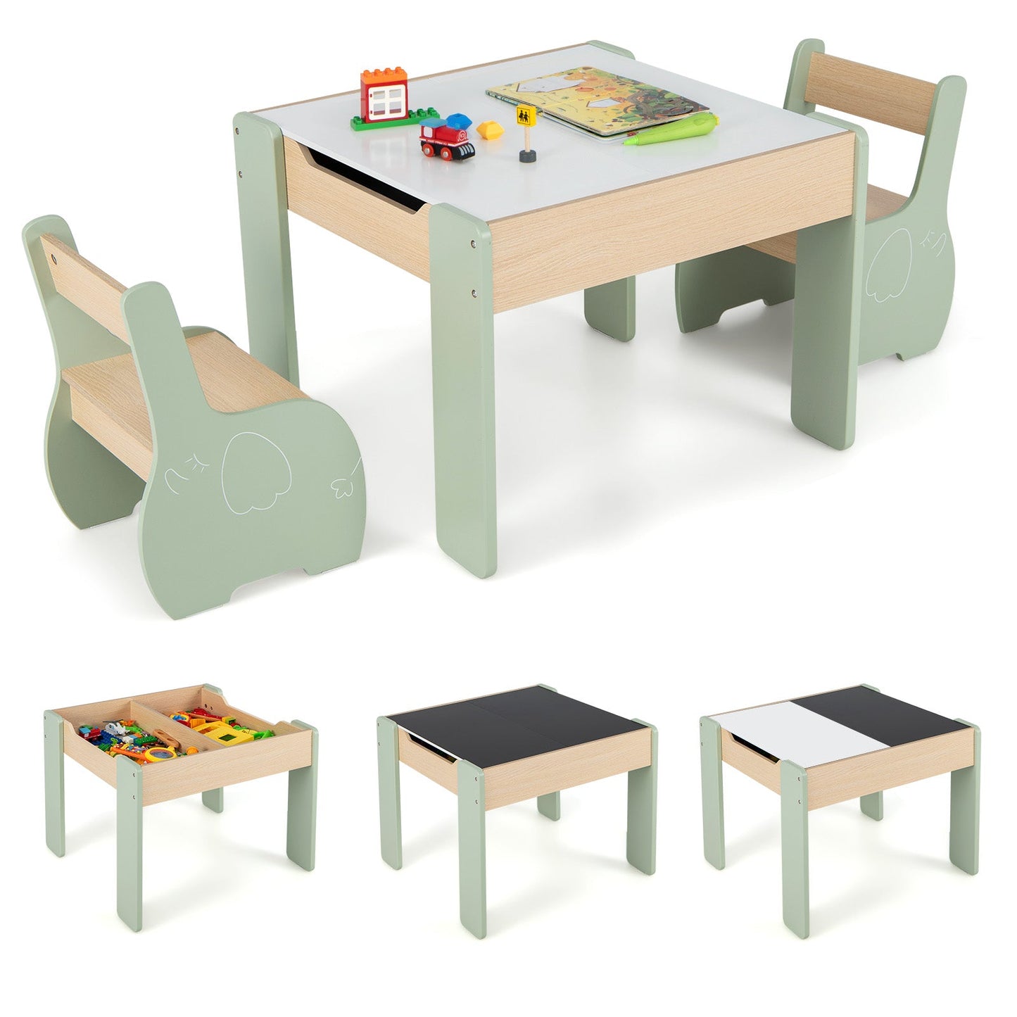 Wooden Kids Table and Chair Set with Hidden Storage-Green