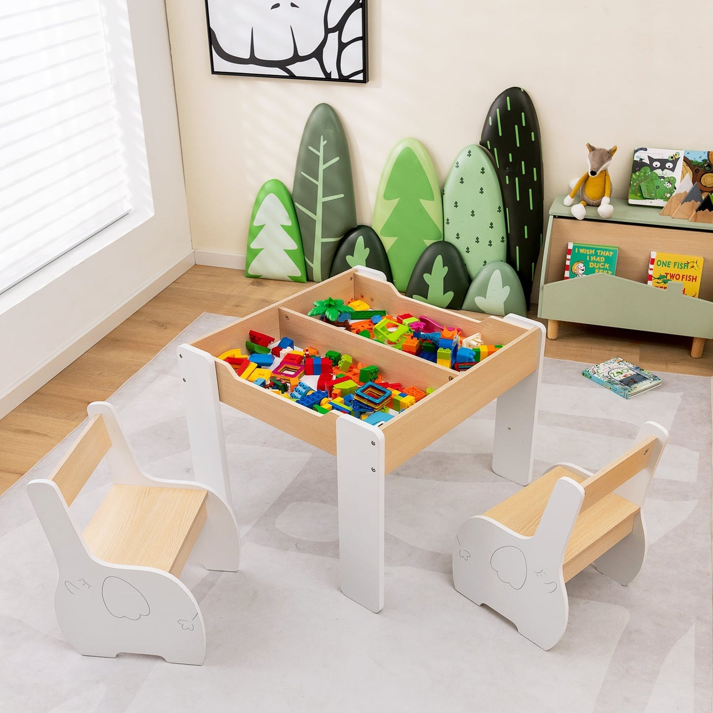 Wooden Kids Table and Chair Set with Hidden Storage-White