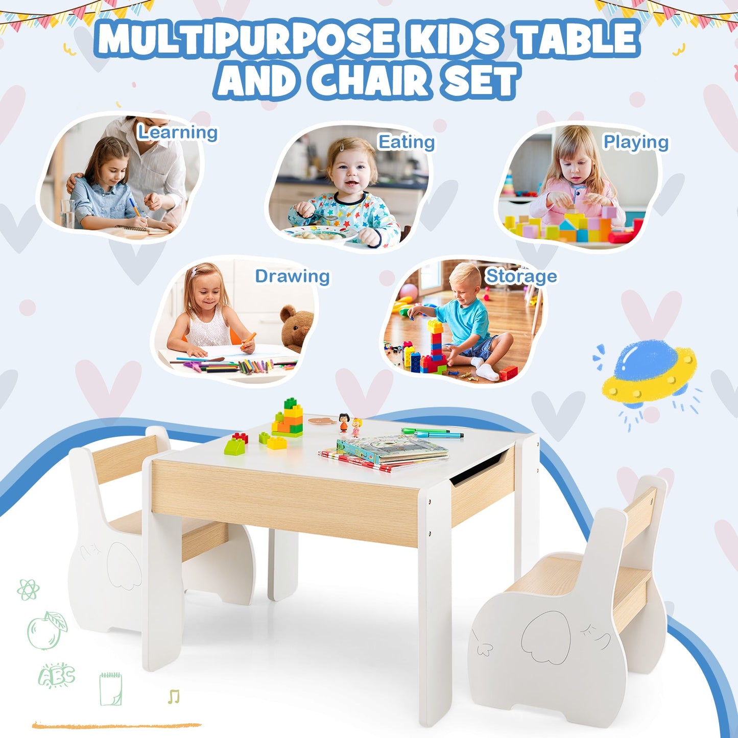 Wooden Kids Table and Chair Set with Hidden Storage-White