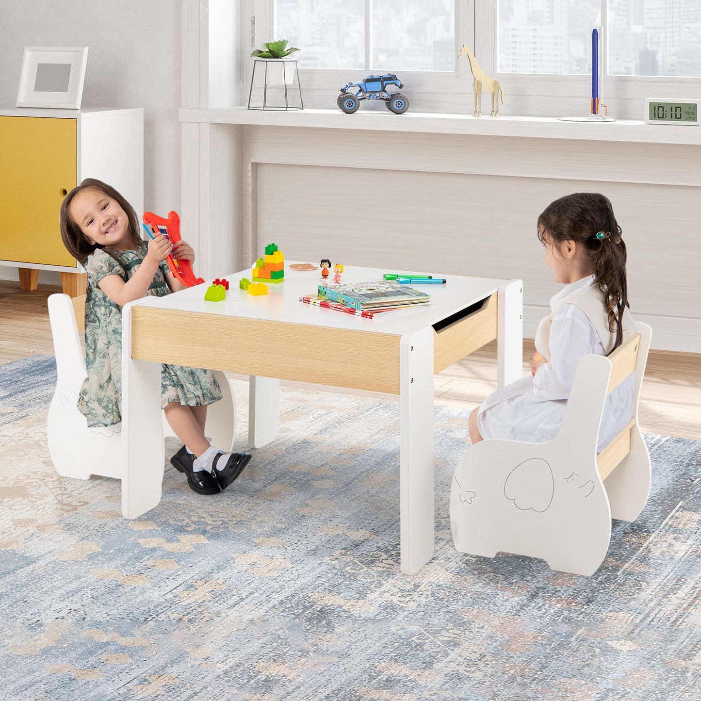 Wooden Kids Table and Chair Set with Hidden Storage-White