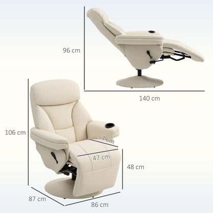 HOMCOM Manual Recliner Chair with Footrest, Upholstered Reclining Armchair with Adjustable Backrest and Cup Holder, PU Leather Swivel Chair for Living Room, Bedroom, Cream White