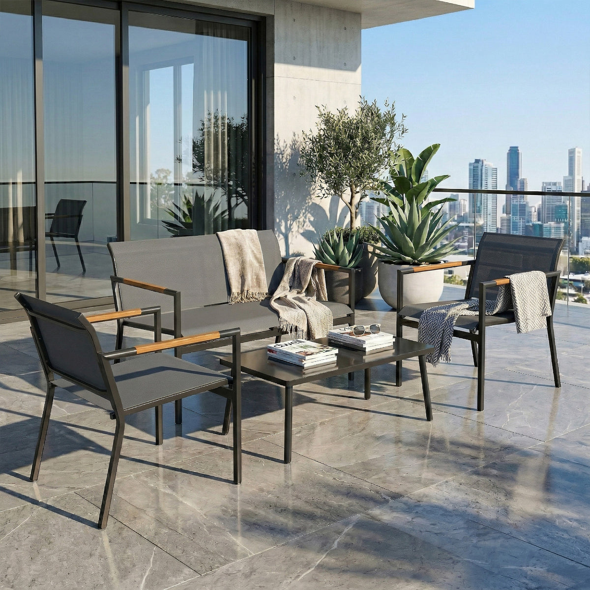 Outsunny 4 Seater Garden Furniture Set with Loveseat, Armchairs, Table, Metal Garden Sofa Set with Breathable Seats, Grey