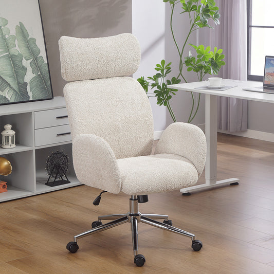 HOMCOM Office Chair with Adjustable Headrest, Spring Pack, Curved Line, Boucle Fabric - Pale Grey