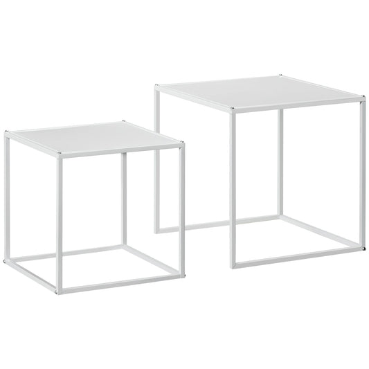 HOMCOM Square Nesting Coffee Table Set of 2, Modern Nest of Tables, Sofa Side Tables with Steel Frame for Living Room, Bedroom, Small Space, White