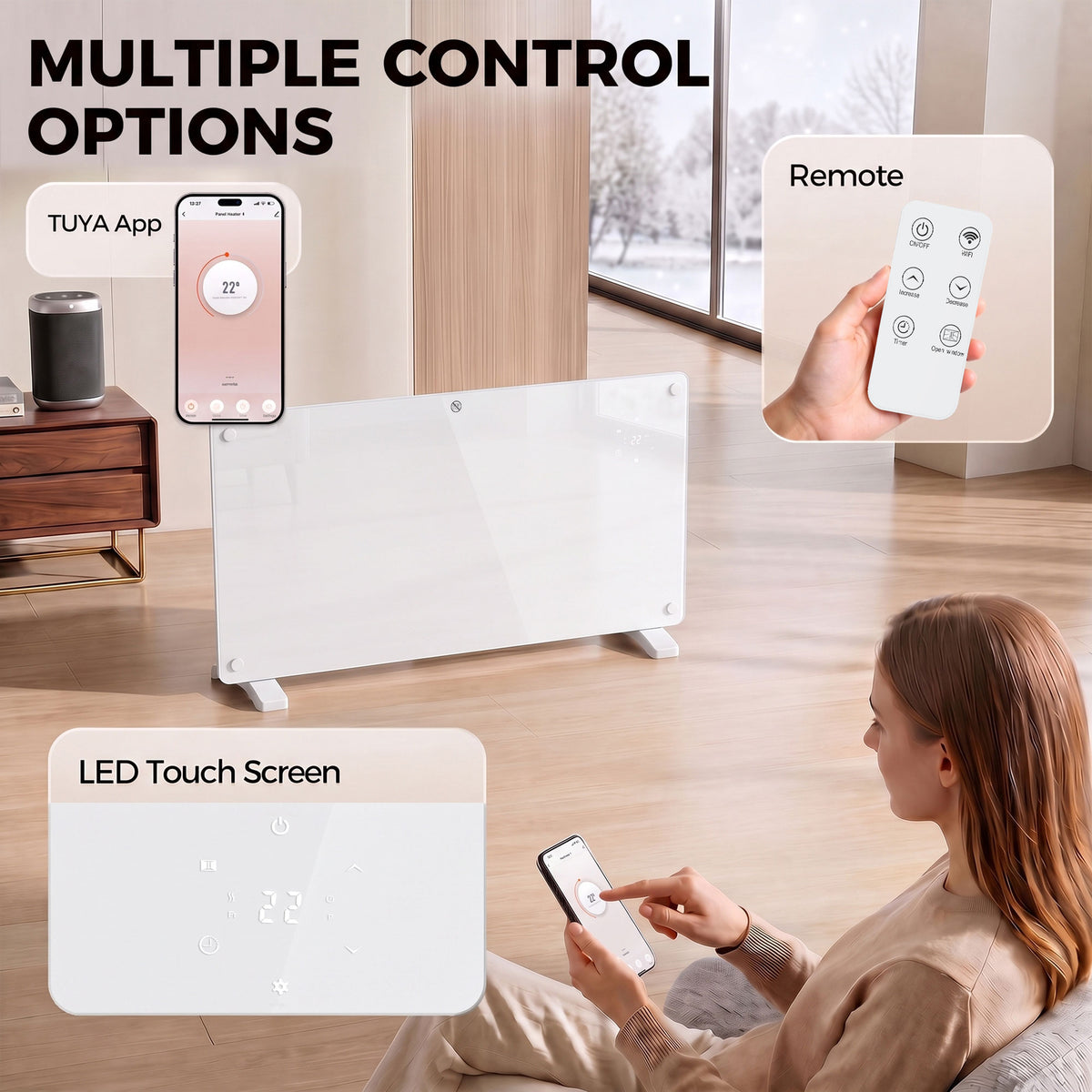 HOMCOM Smart Panel Heater Wall Mounted Freestanding, Electric Heater with Weekly Timer, Open Window & Anti-Frost, 2000W, White