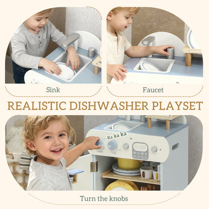 AIYAPLAY Wooden Dishwasher Playset, Kitchen Sink Toys with Faucet, Sink and Accessories, Gift for Boys Girls Toddlers