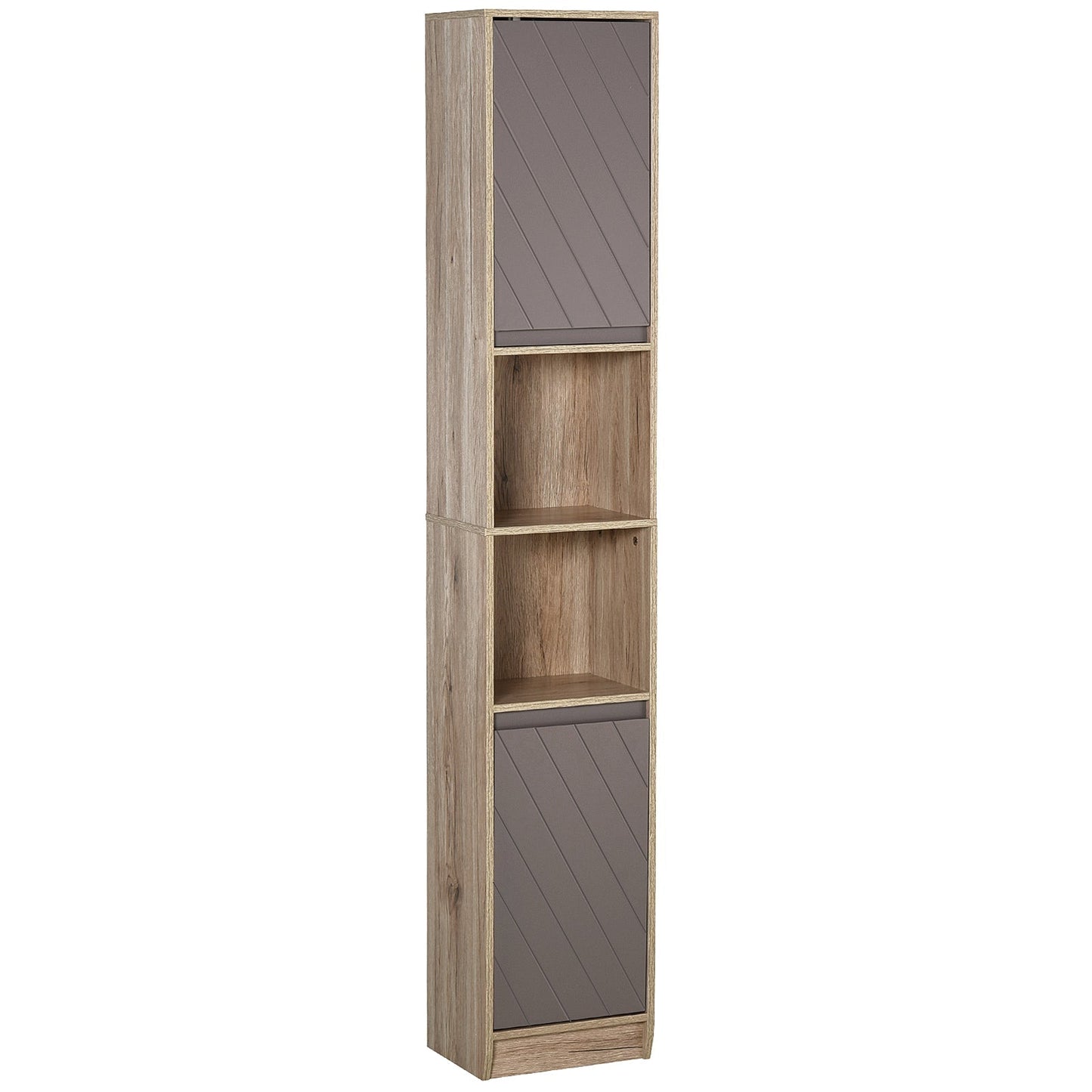 HOMCOM Narrow Bathroom Cabinet, Slim Bathroom Storage Unit with Open Compartment, Freestanding Storage Cupboard with Adjustable Shelves for Small Spaces, 30 x 24 x 170 cm, Grey and Oak