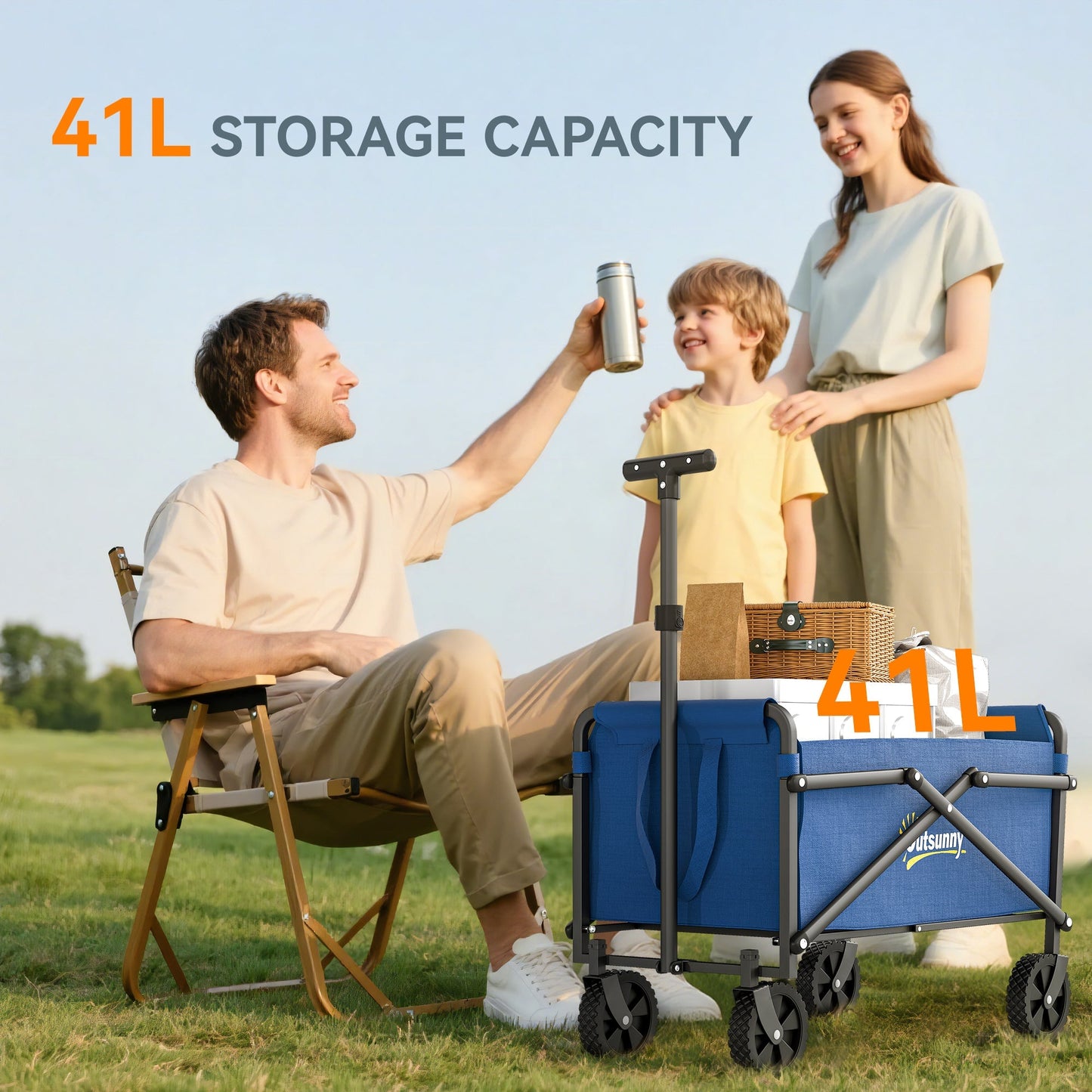 Outsunny 41L Festival Trolley on Wheels, Small Garden Folding Trolley Cart, 60kg Heavy Duty Collapsible Folding Wagon with Adjustable Handle and Carrying Bag for Beach, Camping, Festival, Blue