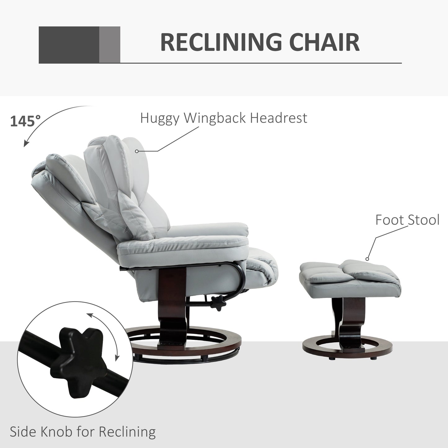 HOMCOM 360  Swivel Recliner Chair with Footstool, PU Leather Manual Recliner Armchair with Footstool, Solid Wood Base, Upholstered Reclining Chair for Living Room, Bedroom, Office, Light Grey