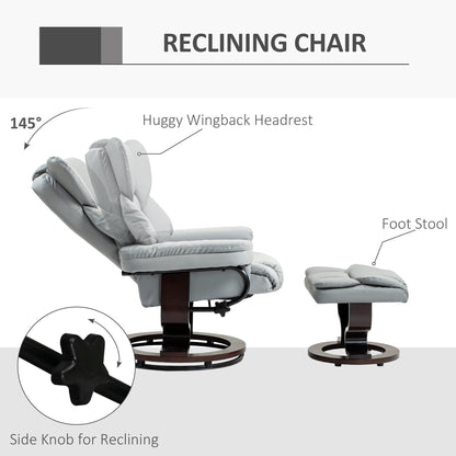 HOMCOM 360  Swivel Recliner Chair with Footstool, PU Leather Manual Recliner Armchair with Footstool, Solid Wood Base, Upholstered Reclining Chair for Living Room, Bedroom, Office, Light Grey