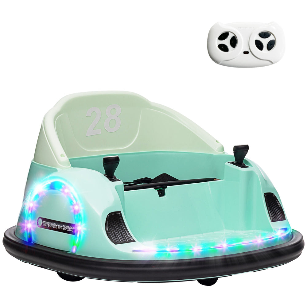AIYAPLAY 360 Rotation Kids Bumper Car, 12V Waltz Car with Remote Control, Dual Joystick, Music, Lights, Green
