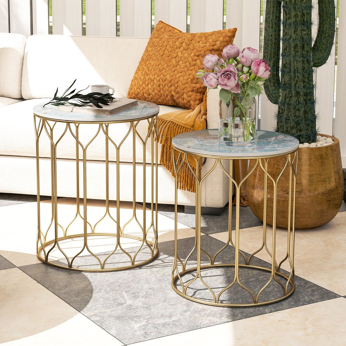 Outsunny Round Coffee Table Set of 2, Modern Nesting Tables with Ceramic Tile Top, Small End Tables, Indoor Outdoor Side Table with Metal Frame for Living Room, Bedroom, Patio, Balcony, Multicoloured