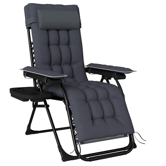 Outsunny Zero Gravity Chair, Folding Sun Lounger Reclining Garden Chair with Arm Pads, Cushion, Cup Holder, Headrest, Dark Grey