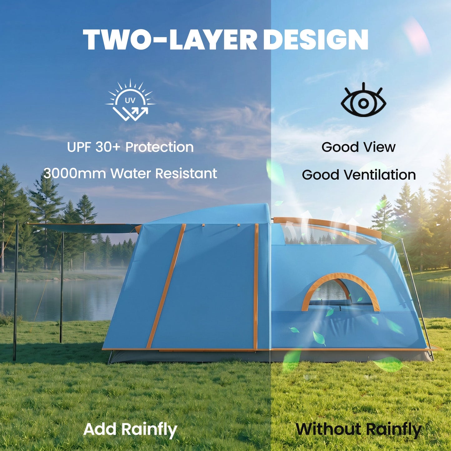 Outsunny 4 Man Camping Tent, Double Layer Tunnel Tent with Porch, Living Area and 2 Bedrooms, Sewn in Groundsheet, 3000mm Waterproof and UPF 30+, Portable with Bag, 430 x 305 x 195 cm Large, Blue