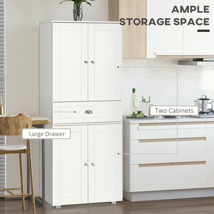 HOMCOM 184cm Tall Kitchen Cupboard, Freestanding Kitchen Pantry Storage Cabinet with 4 Doors, 3 Adjustable Shelves, Drawer, Anti-tipping Device, Sideboard Organiser for Dining Room, Living Room, White