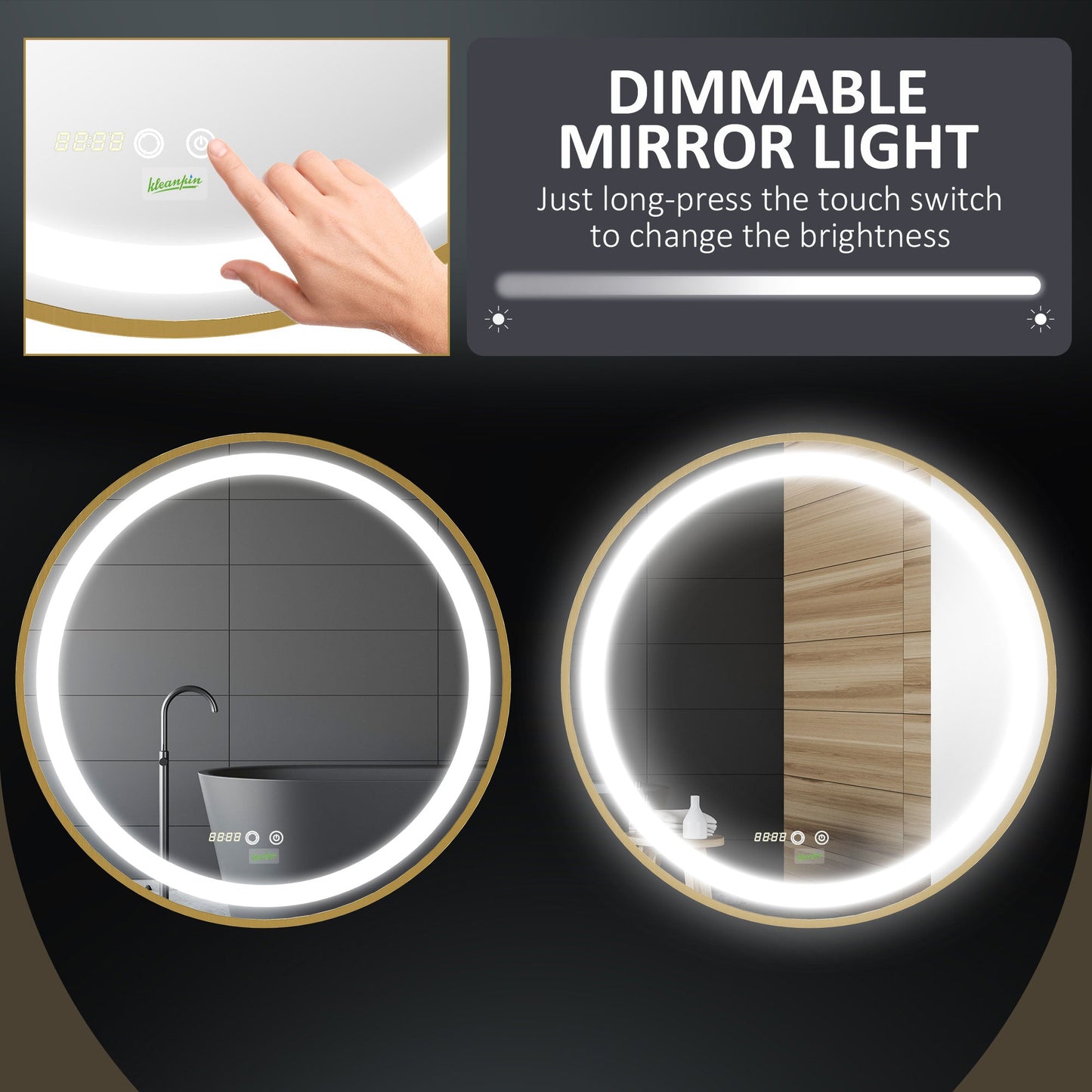 kleankin Round LED Bathroom Mirror, Dimmable Lighted Wall Mount Mirror with 3 Colours, Time Display, Memory Function, Hardwired