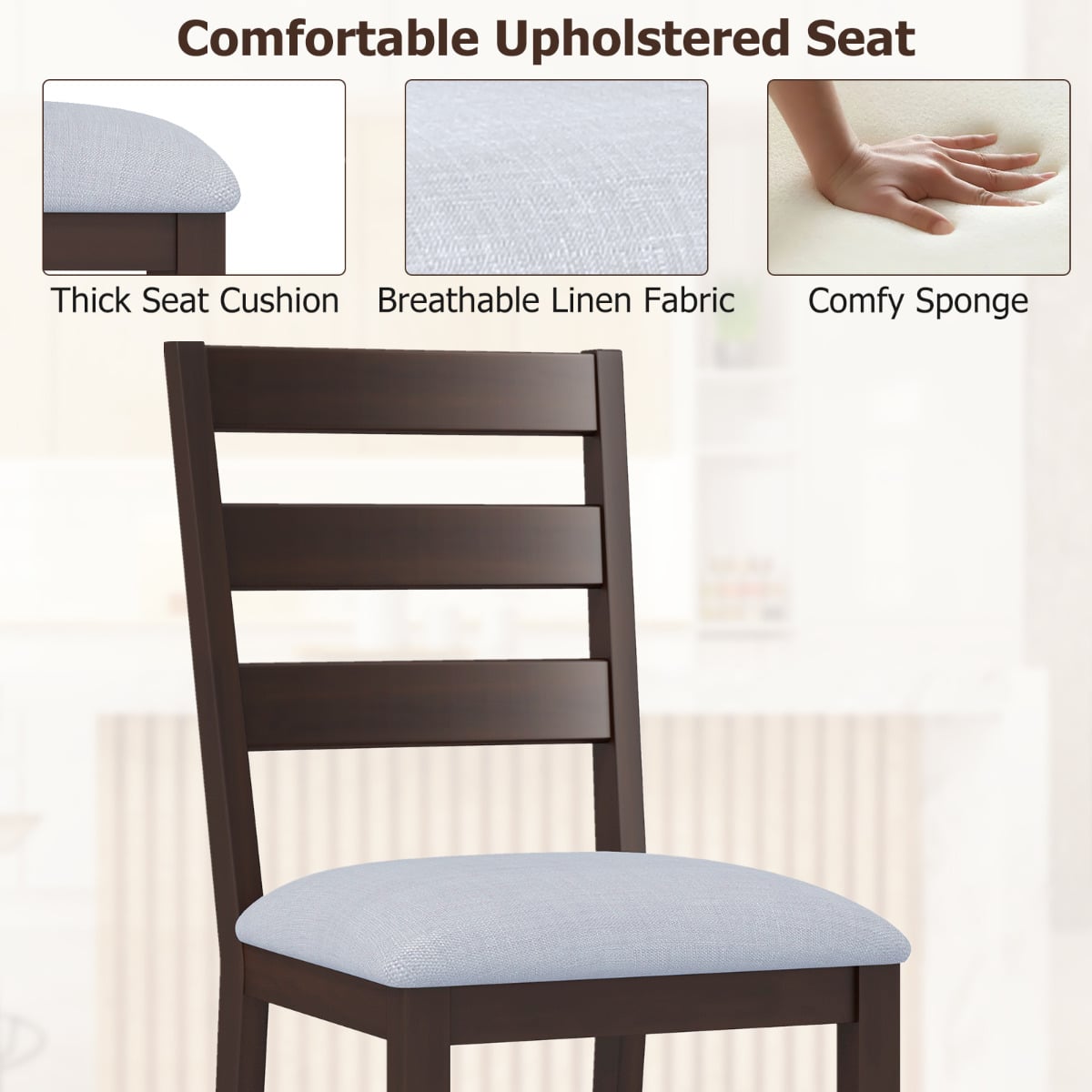 4-Piece Counter Height Bar Stool Set with Padded Seat and Rubber Wood Legs