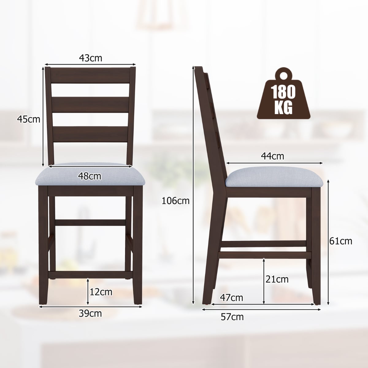 4-Piece Counter Height Bar Stool Set with Padded Seat and Rubber Wood Legs