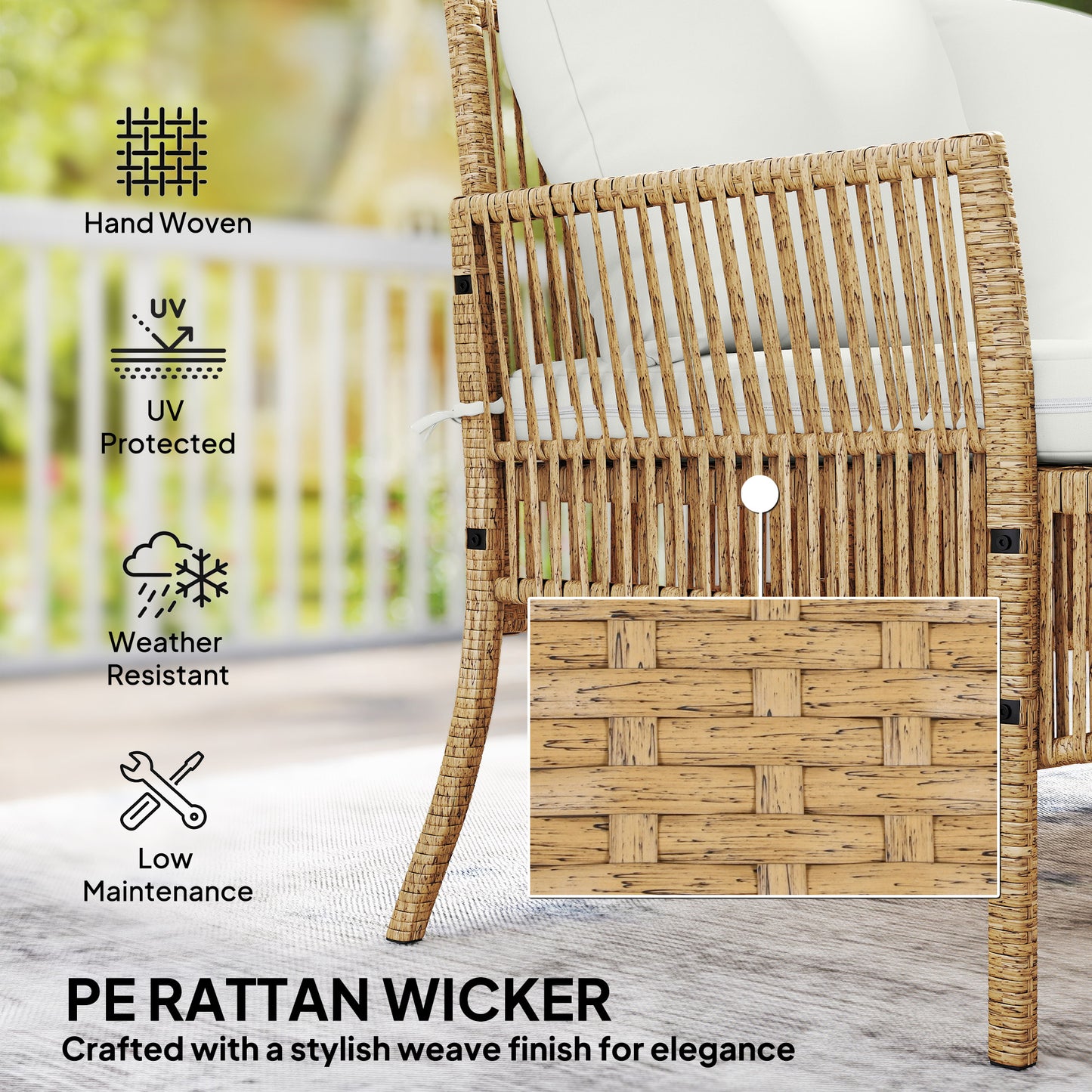 Outsunny 3 Piece Rattan Garden Furniture Corner Sofa Set with Chaise Lounge, Loveseat, Glass Coffee Table, Cushions, Natural Wood