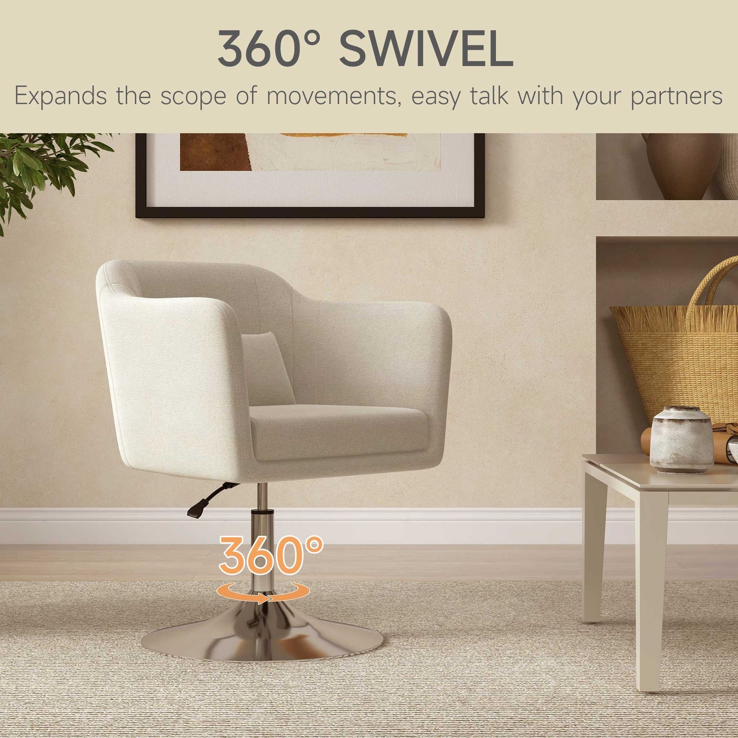 HOMCOM Modern Accent Chair with Swivel Base, Height Adjustable Arm Chair with Pillow for Living Room, Bedroom, Cream White