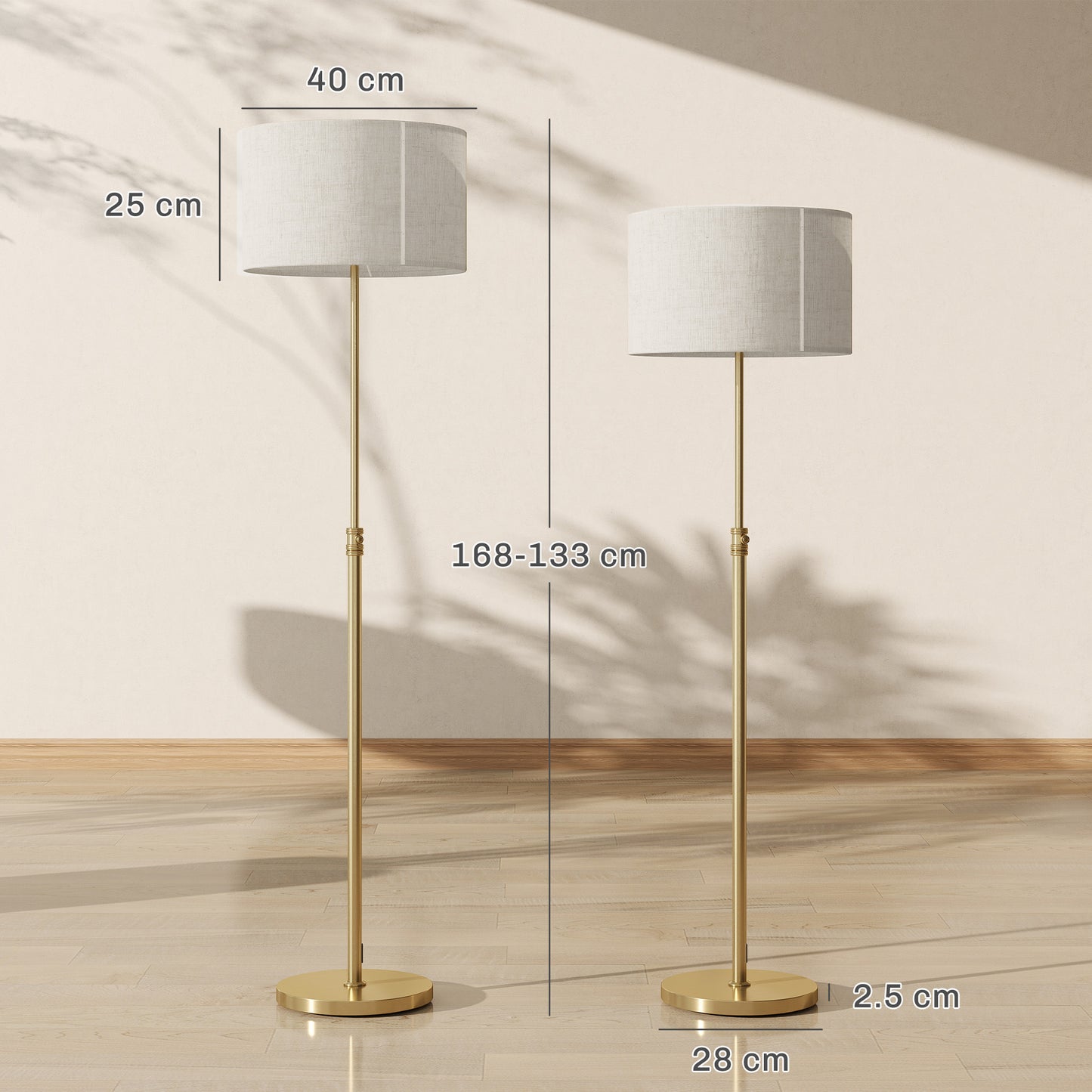 HOMCOM Floor Lamp with Remote, Height Adjustable Standing Lamp with Linen Shade, Dimmable with 3000K-6000K Adjustable Colour Temperatures, Foot Switch for Living Room Bedroom Office, Gold Tone
