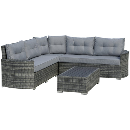 Outsunny 4 Pieces Outdoor PE Rattan Sofa Set, Patio Wicker Sectional Conversation Aluminium Frame Corner Sofa Set, w/ Padded Cushion & Topper Tea Table, Mixed Grey