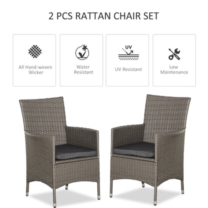 Outsunny 2 Pieces Outdoor PE Rattan Dining Chairs Set with Cushion, Garden Armchair with Armrests, High Backrest, Metal Frame Patio Wicker Furniture, Grey