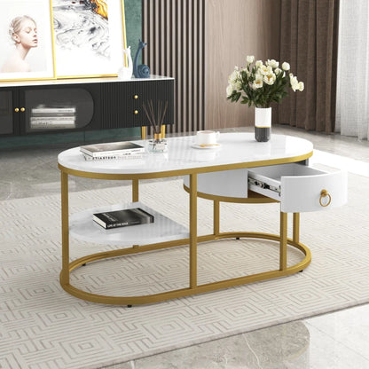 Oval Coffee Table with Marble Look, Golden Iron Frame, Drawers, and Shelves, 100x50x45 cm, White