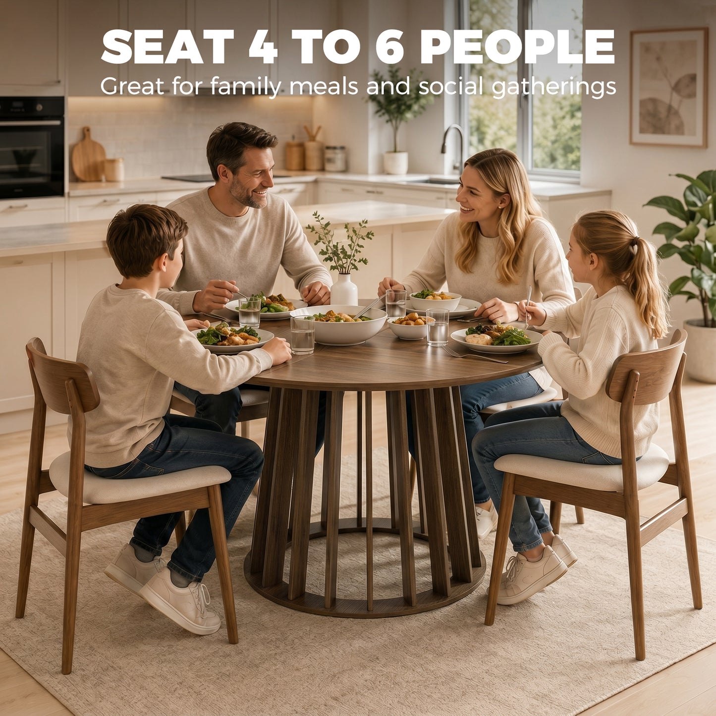 HOMCOM Dining Table for 4-6 People Modern Kitchen Table with Slatted Base 120 cm Round Light Walnut